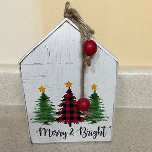 Wooden holiday Merry and Bright house shape signage 7x 5x 1.5 inches by Sixtrees